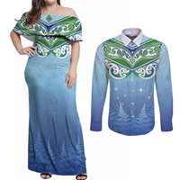 Aotearoa New Zealand New Year Couples Matching Off Shoulder Maxi Dress and Long Sleeve Button Shirt Maori Motifs with Silver Fern and Matariki Stars