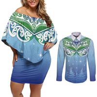 Aotearoa New Zealand New Year Couples Matching Off Shoulder Short Dress and Long Sleeve Button Shirt Maori Motifs with Silver Fern and Matariki Stars