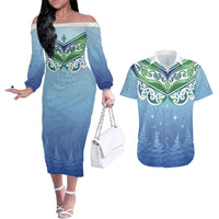 Aotearoa New Zealand New Year Couples Matching Off The Shoulder Long Sleeve Dress and Hawaiian Shirt Maori Motifs with Silver Fern and Matariki Stars
