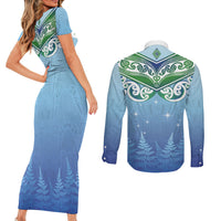 Aotearoa New Zealand New Year Couples Matching Short Sleeve Bodycon Dress and Long Sleeve Button Shirt Maori Motifs with Silver Fern and Matariki Stars