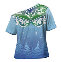 Aotearoa New Zealand New Year Cross Shoulder Shirt Maori Motifs with Silver Fern and Matariki Stars