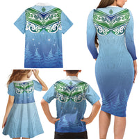 Aotearoa New Zealand New Year Family Matching Long Sleeve Bodycon Dress and Hawaiian Shirt Maori Motifs with Silver Fern and Matariki Stars