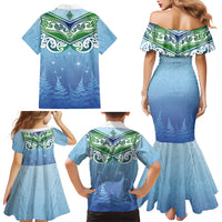 Aotearoa New Zealand New Year Family Matching Mermaid Dress and Hawaiian Shirt Maori Motifs with Silver Fern and Matariki Stars