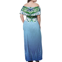 Aotearoa New Zealand New Year Family Matching Off Shoulder Maxi Dress and Hawaiian Shirt Maori Motifs with Silver Fern and Matariki Stars