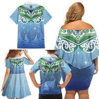 Aotearoa New Zealand New Year Family Matching Off Shoulder Short Dress and Hawaiian Shirt Maori Motifs with Silver Fern and Matariki Stars