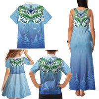 Aotearoa New Zealand New Year Family Matching Tank Maxi Dress and Hawaiian Shirt Maori Motifs with Silver Fern and Matariki Stars