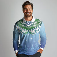 Aotearoa New Zealand New Year Long Sleeve Polo Shirt Maori Motifs with Silver Fern and Matariki Stars