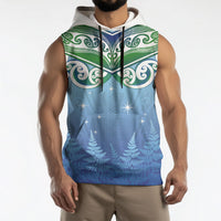 Aotearoa New Zealand New Year Sleeveless Hoodie Maori Motifs with Silver Fern and Matariki Stars