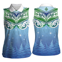Aotearoa New Zealand New Year Women Sleeveless Polo Shirt Maori Motifs with Silver Fern and Matariki Stars