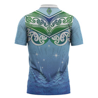 Aotearoa New Zealand New Year Zipper Polo Shirt Maori Motifs with Silver Fern and Matariki Stars