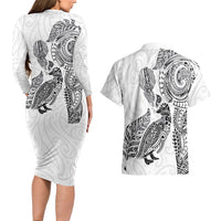 Aotearoa Moko Tribal Tattoo Couples Matching Long Sleeve Bodycon Dress and Hawaiian Shirt New Zealand Maori Penguin and Fantail White Color