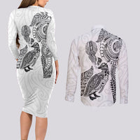 Aotearoa Moko Tribal Tattoo Couples Matching Long Sleeve Bodycon Dress and Long Sleeve Button Shirt New Zealand Maori Penguin and Fantail White Color