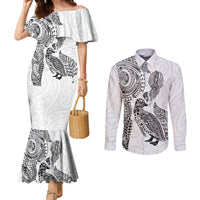 Aotearoa Moko Tribal Tattoo Couples Matching Mermaid Dress and Long Sleeve Button Shirt New Zealand Maori Penguin and Fantail White Color