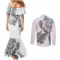 Aotearoa Moko Tribal Tattoo Couples Matching Mermaid Dress and Long Sleeve Button Shirt New Zealand Maori Penguin and Fantail White Color