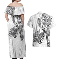 Aotearoa Moko Tribal Tattoo Couples Matching Off Shoulder Maxi Dress and Hawaiian Shirt New Zealand Maori Penguin and Fantail White Color