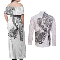 Aotearoa Moko Tribal Tattoo Couples Matching Off Shoulder Maxi Dress and Long Sleeve Button Shirt New Zealand Maori Penguin and Fantail White Color