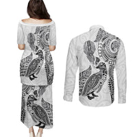 Aotearoa Moko Tribal Tattoo Couples Matching Puletasi and Long Sleeve Button Shirt New Zealand Maori Penguin and Fantail White Color