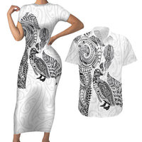 Aotearoa Moko Tribal Tattoo Couples Matching Short Sleeve Bodycon Dress and Hawaiian Shirt New Zealand Maori Penguin and Fantail White Color