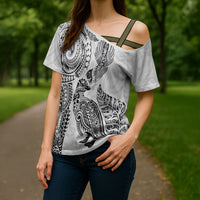 Aotearoa Moko Tribal Tattoo Cross Shoulder Shirt New Zealand Maori Penguin and Fantail White Color