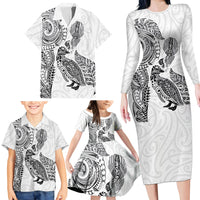Aotearoa Moko Tribal Tattoo Family Matching Long Sleeve Bodycon Dress and Hawaiian Shirt New Zealand Maori Penguin and Fantail White Color