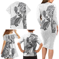 Aotearoa Moko Tribal Tattoo Family Matching Long Sleeve Bodycon Dress and Hawaiian Shirt New Zealand Maori Penguin and Fantail White Color