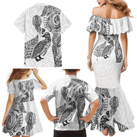 Aotearoa Moko Tribal Tattoo Family Matching Mermaid Dress and Hawaiian Shirt New Zealand Maori Penguin and Fantail White Color