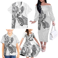 Aotearoa Moko Tribal Tattoo Family Matching Off The Shoulder Long Sleeve Dress and Hawaiian Shirt New Zealand Maori Penguin and Fantail White Color