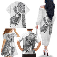 Aotearoa Moko Tribal Tattoo Family Matching Off The Shoulder Long Sleeve Dress and Hawaiian Shirt New Zealand Maori Penguin and Fantail White Color
