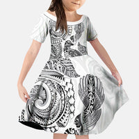 Aotearoa Moko Tribal Tattoo Family Matching Off Shoulder Maxi Dress and Hawaiian Shirt New Zealand Maori Penguin and Fantail White Color