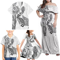 Aotearoa Moko Tribal Tattoo Family Matching Off Shoulder Maxi Dress and Hawaiian Shirt New Zealand Maori Penguin and Fantail White Color