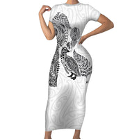 Aotearoa Moko Tribal Tattoo Family Matching Short Sleeve Bodycon Dress and Hawaiian Shirt New Zealand Maori Penguin and Fantail White Color