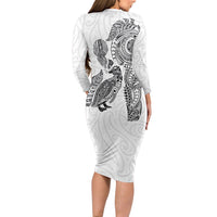 Aotearoa Moko Tribal Tattoo Long Sleeve Bodycon Dress New Zealand Maori Penguin and Fantail White Color