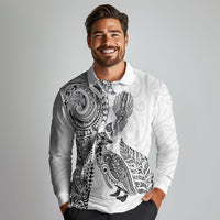 Aotearoa Moko Tribal Tattoo Long Sleeve Polo Shirt New Zealand Maori Penguin and Fantail White Color