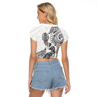 Aotearoa Moko Tribal Tattoo Raglan Cropped T Shirt New Zealand Maori Penguin and Fantail White Color