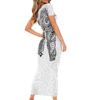 Aotearoa Moko Tribal Tattoo Short Sleeve Bodycon Dress New Zealand Maori Penguin and Fantail White Color