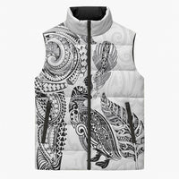Aotearoa Moko Tribal Tattoo Sleeveless Puffer Jacket New Zealand Maori Penguin and Fantail White Color