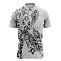 Aotearoa Moko Tribal Tattoo Zipper Polo Shirt New Zealand Maori Penguin and Fantail White Color