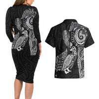 Aotearoa Moko Tribal Tattoo Couples Matching Long Sleeve Bodycon Dress and Hawaiian Shirt New Zealand Maori Penguin and Fantail Black Color