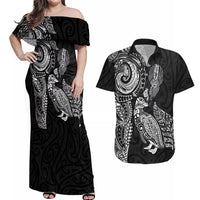 Aotearoa Moko Tribal Tattoo Couples Matching Off Shoulder Maxi Dress and Hawaiian Shirt New Zealand Maori Penguin and Fantail Black Color