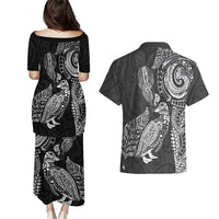 Aotearoa Moko Tribal Tattoo Couples Matching Puletasi and Hawaiian Shirt New Zealand Maori Penguin and Fantail Black Color