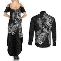 Aotearoa Moko Tribal Tattoo Couples Matching Summer Maxi Dress and Long Sleeve Button Shirt New Zealand Maori Penguin and Fantail Black Color