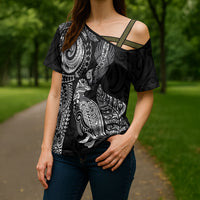 Aotearoa Moko Tribal Tattoo Cross Shoulder Shirt New Zealand Maori Penguin and Fantail Black Color