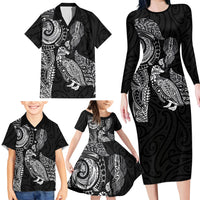 Aotearoa Moko Tribal Tattoo Family Matching Long Sleeve Bodycon Dress and Hawaiian Shirt New Zealand Maori Penguin and Fantail Black Color