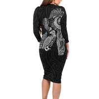 Aotearoa Moko Tribal Tattoo Family Matching Long Sleeve Bodycon Dress and Hawaiian Shirt New Zealand Maori Penguin and Fantail Black Color