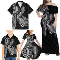Aotearoa Moko Tribal Tattoo Family Matching Off Shoulder Maxi Dress and Hawaiian Shirt New Zealand Maori Penguin and Fantail Black Color