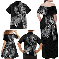 Aotearoa Moko Tribal Tattoo Family Matching Off Shoulder Maxi Dress and Hawaiian Shirt New Zealand Maori Penguin and Fantail Black Color