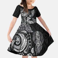 Aotearoa Moko Tribal Tattoo Family Matching Puletasi and Hawaiian Shirt New Zealand Maori Penguin and Fantail Black Color