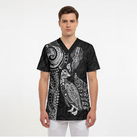 Aotearoa Moko Tribal Tattoo Scrub Top New Zealand Maori Penguin and Fantail Black Color