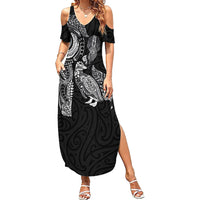 Aotearoa Moko Tribal Tattoo Summer Maxi Dress New Zealand Maori Penguin and Fantail Black Color