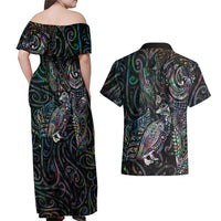 Aotearoa Moko Tribal Tattoo Couples Matching Off Shoulder Maxi Dress and Hawaiian Shirt New Zealand Maori Penguin and Fantail Paua Shell Style